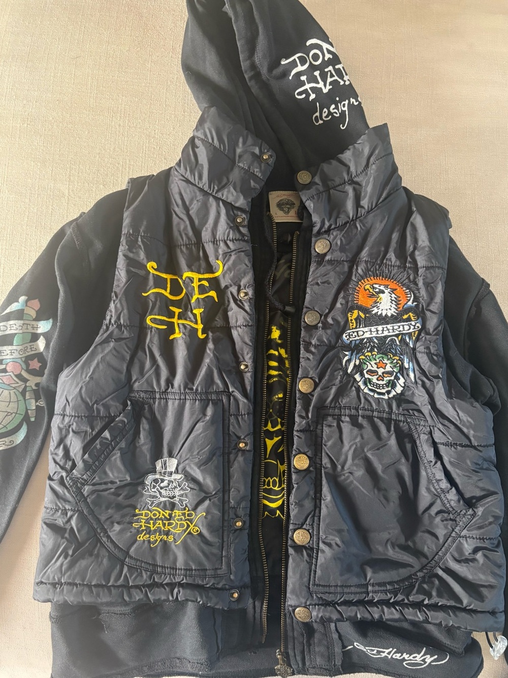 Ed Hardy Kids Black Hooded Puffer Vest with Graphic Embroidery